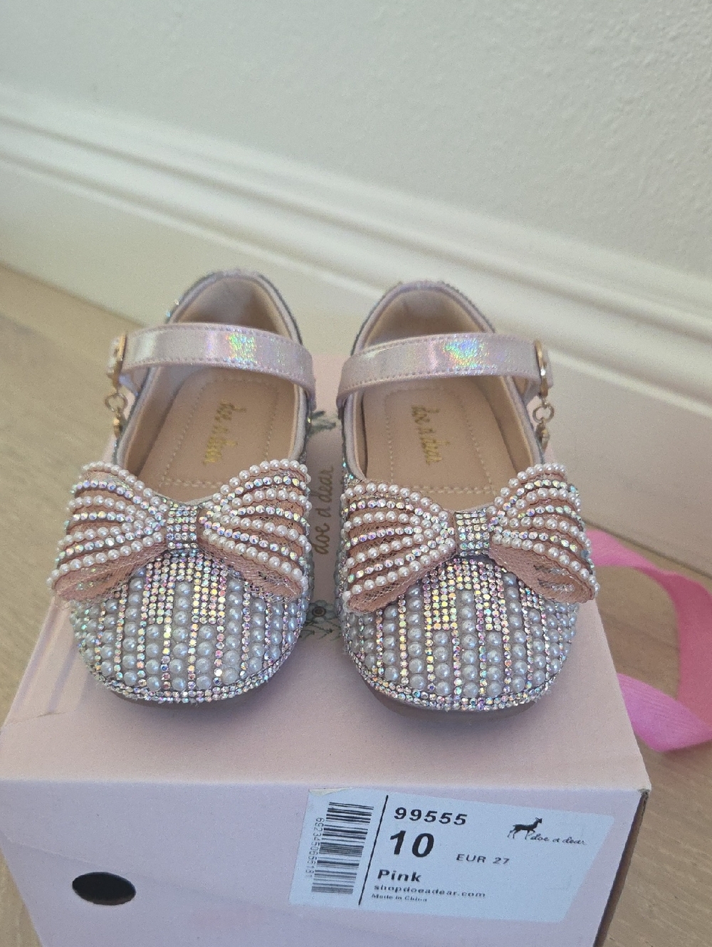 Doe A Dear - Pink Rhinestone Bow Mary Jane Kids Shoes